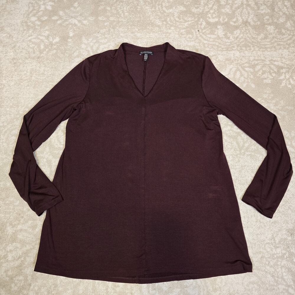 Eileen Fisher Top Small Tencel Stretch Jersey Tunic V-Neck Long Sleeve Maroon